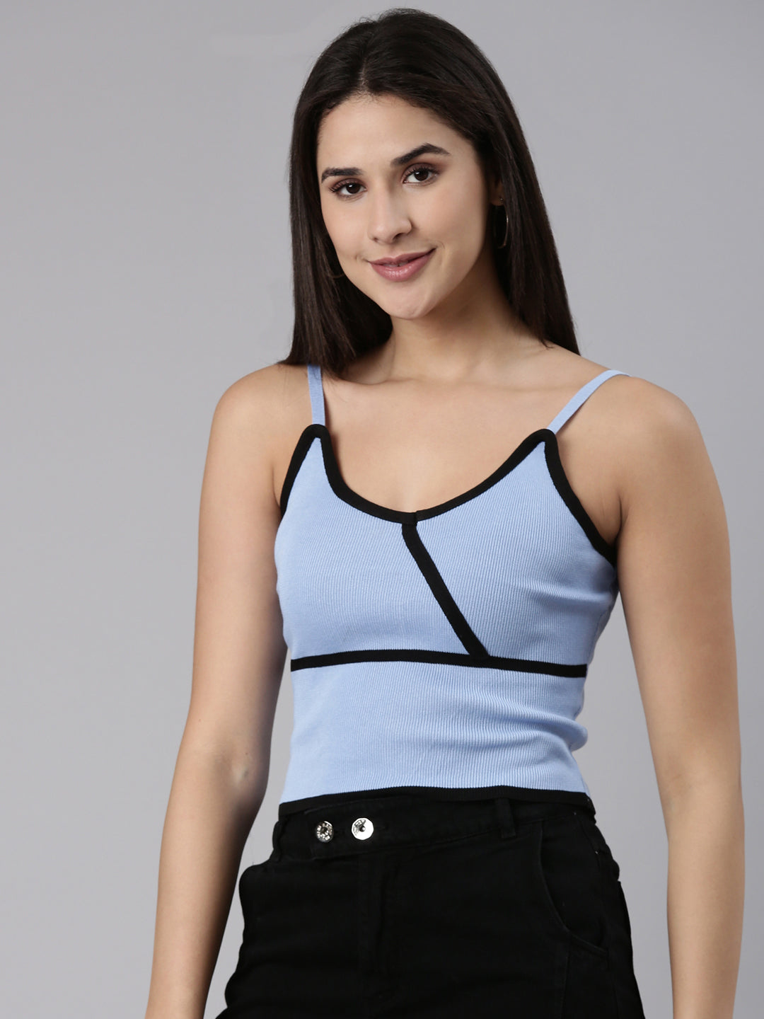 Women's Blue Acrylic Shoulder Straps Fitted Top