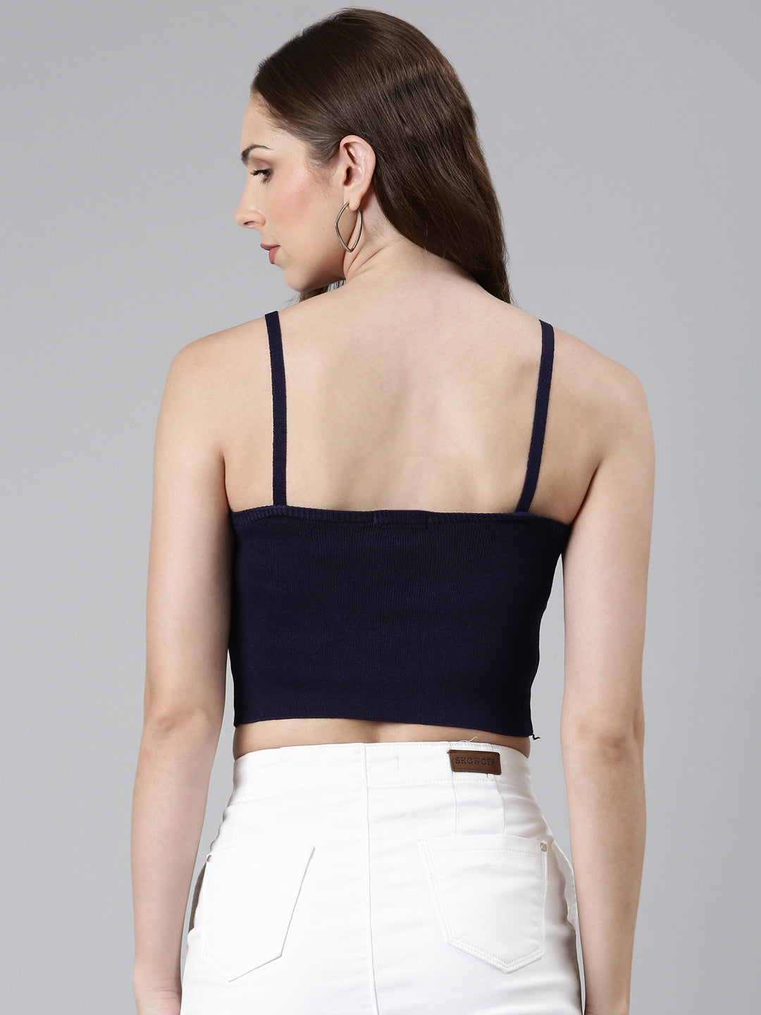 Women's Navy Blue Shoulder Straps Cotton Crop Top
