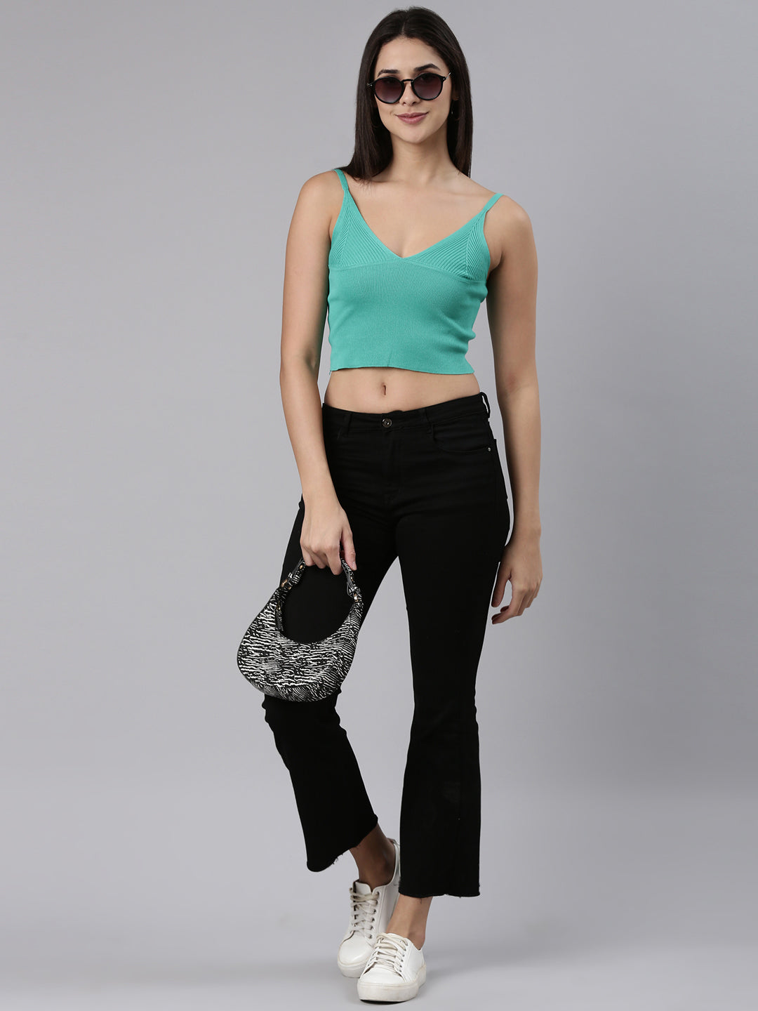 Women's Sea Green Shoulder Straps V-Neck Acrylic Crop Top