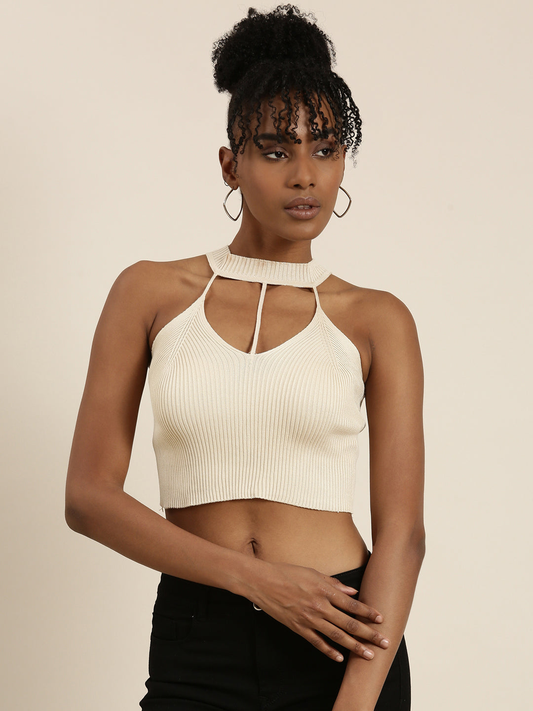Women's Beige Halter Neck Cut Outs Cotton Fitted Crop Top