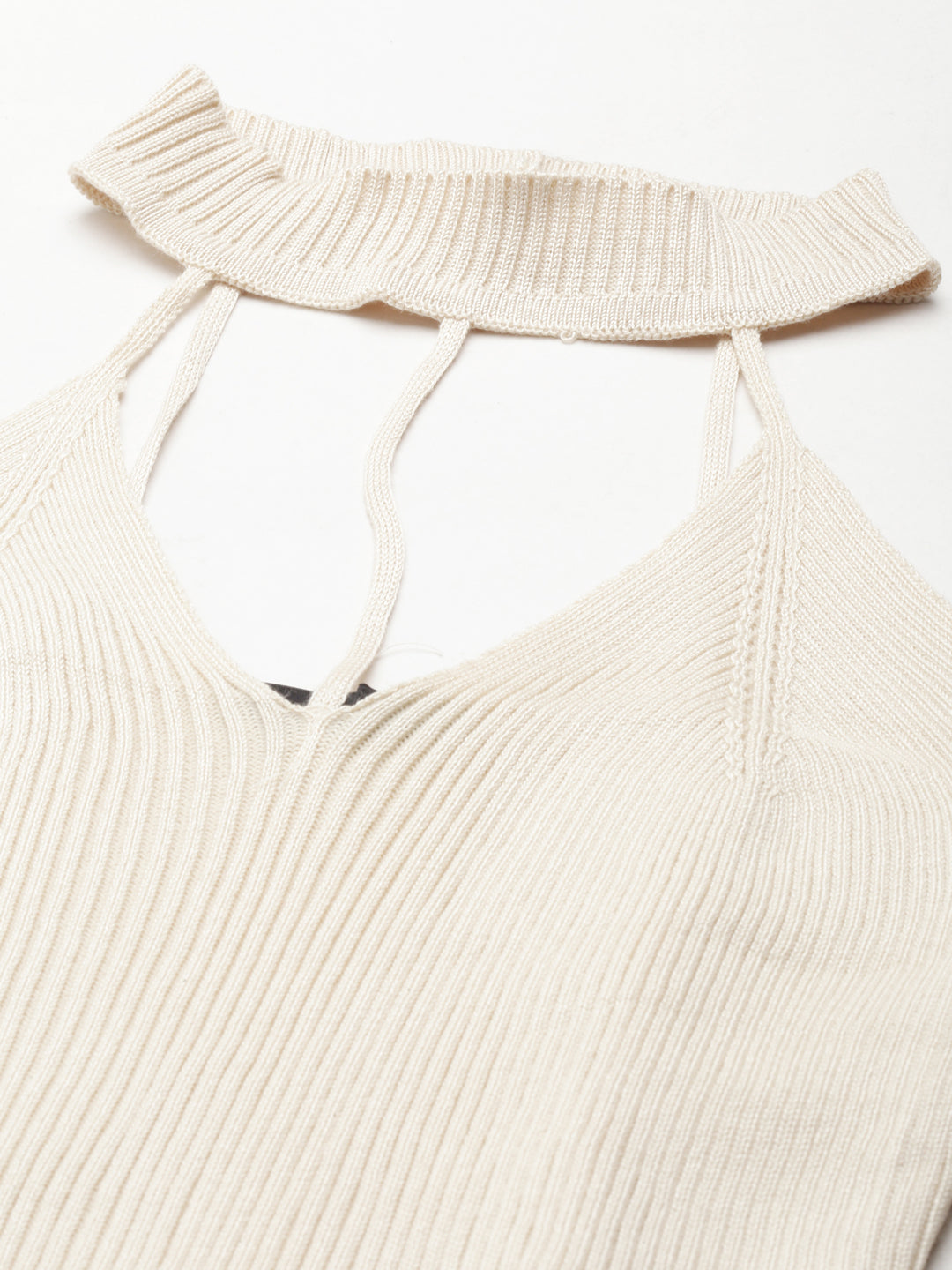 Women's Beige Halter Neck Cut Outs Cotton Fitted Crop Top