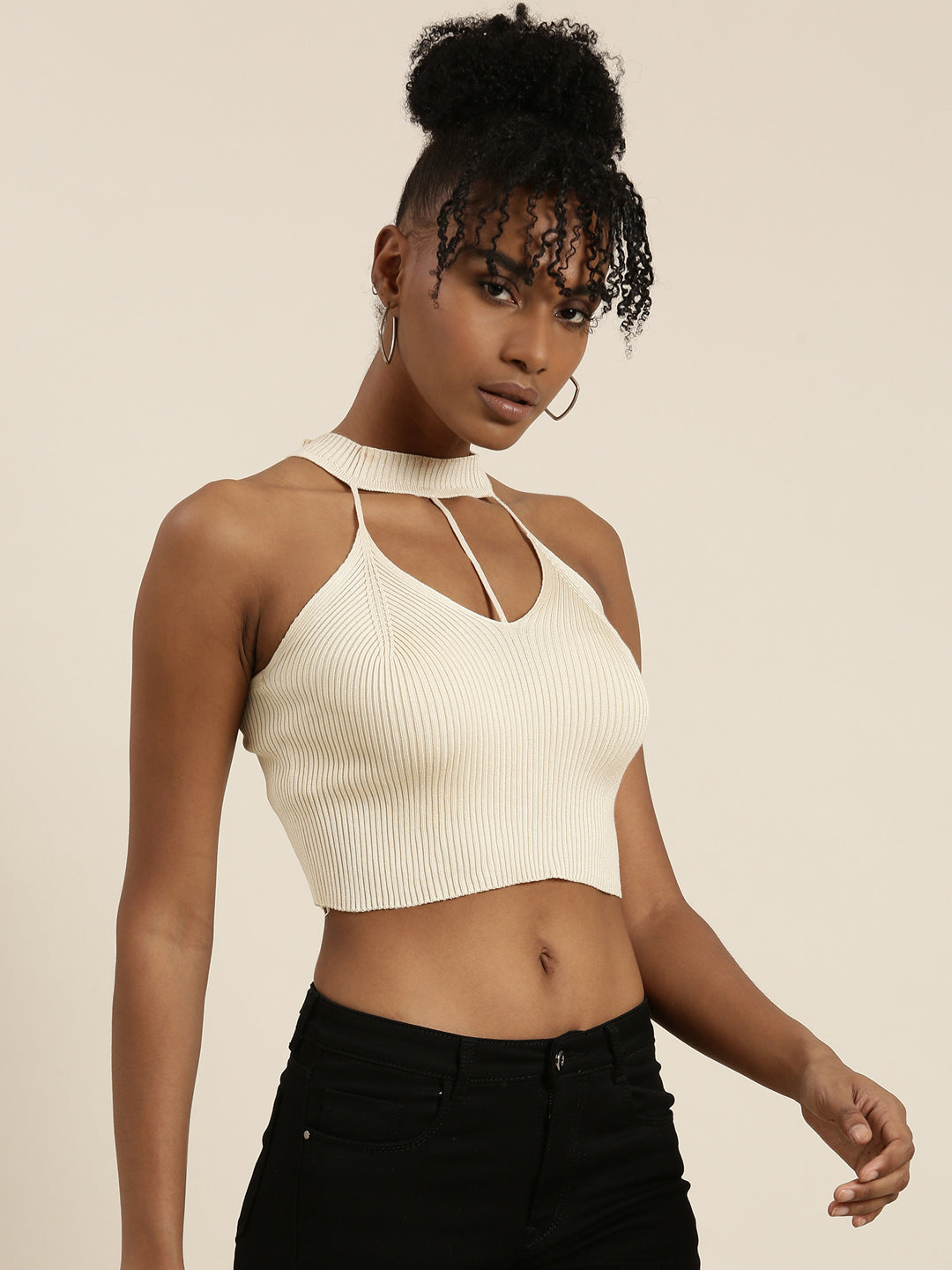 Women's Beige Halter Neck Cut Outs Cotton Fitted Crop Top