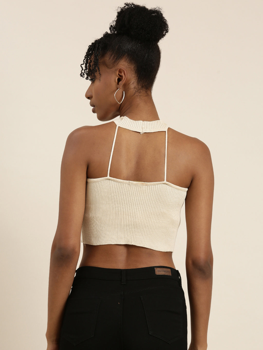 Women's Beige Halter Neck Cut Outs Cotton Fitted Crop Top