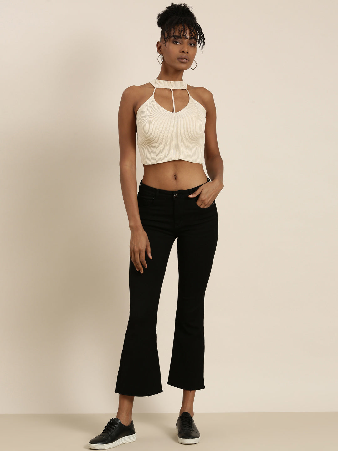 Women's Beige Halter Neck Cut Outs Cotton Fitted Crop Top
