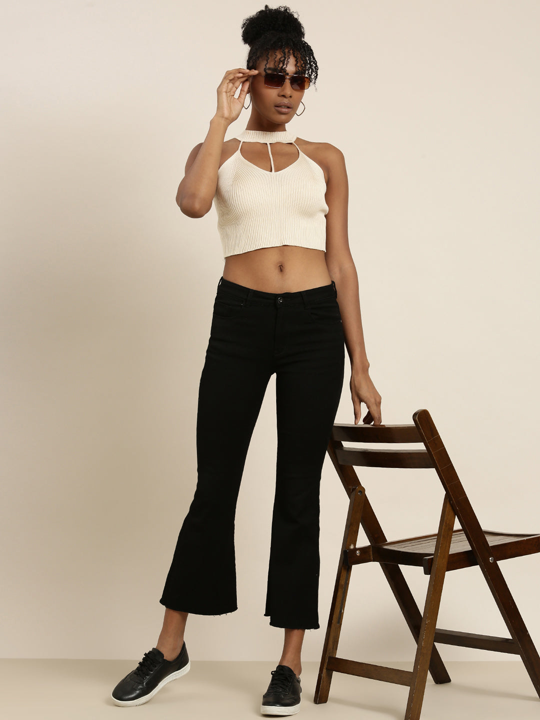 Women's Beige Halter Neck Cut Outs Cotton Fitted Crop Top