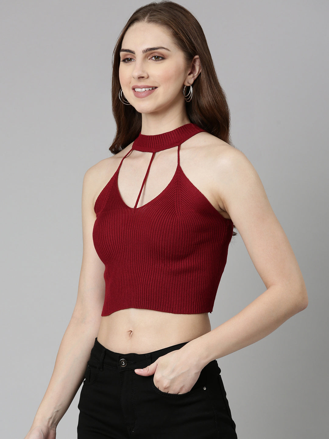 Women's Maroon Halter Neck Fitted Crop Top