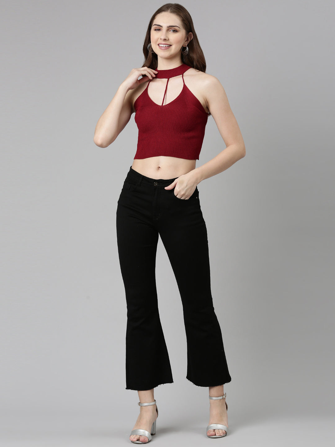 Women's Maroon Halter Neck Fitted Crop Top