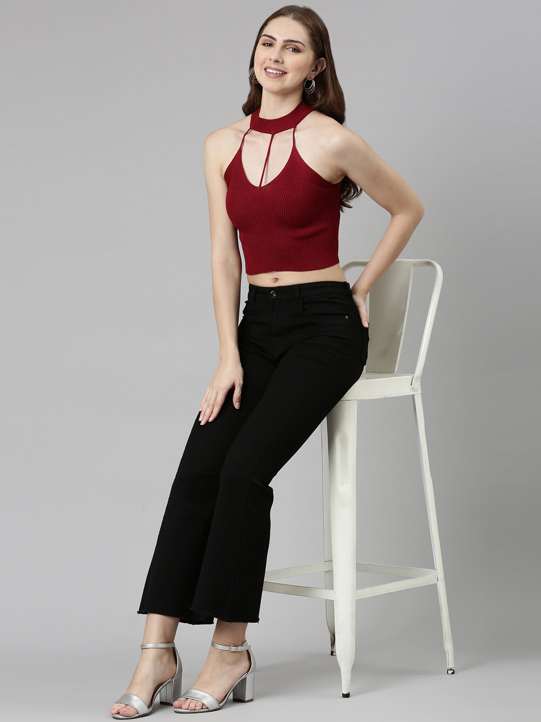 Women's Maroon Halter Neck Fitted Crop Top