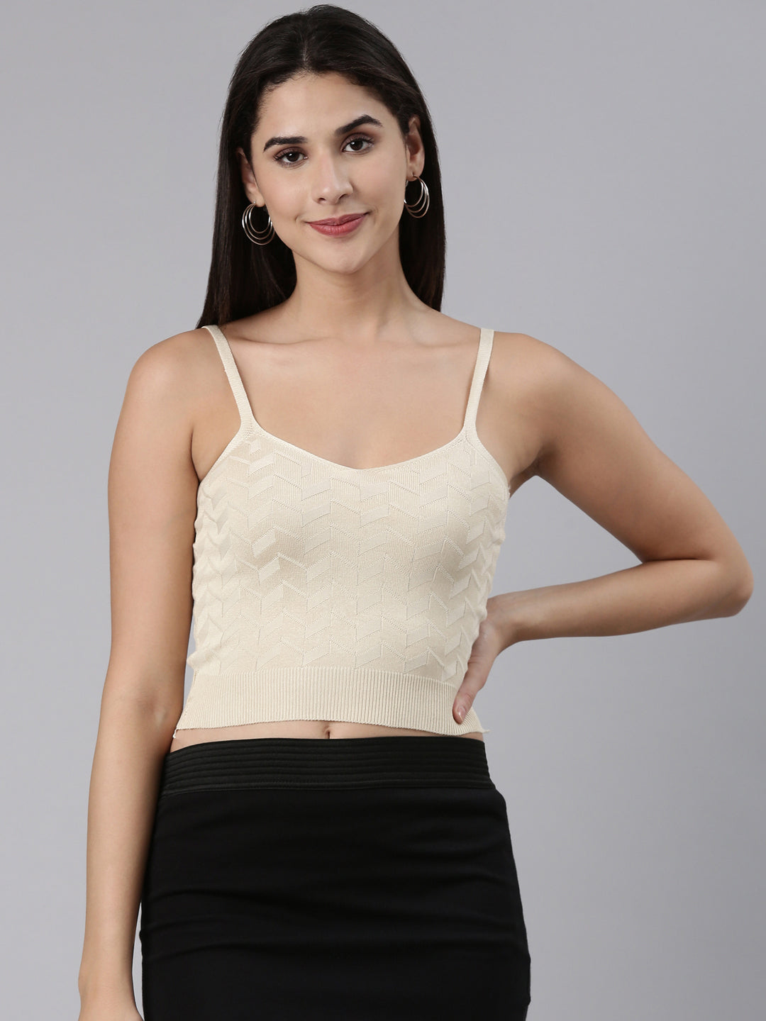 Women's Beige Shoulder Straps Ribbed Fitted Crop Top