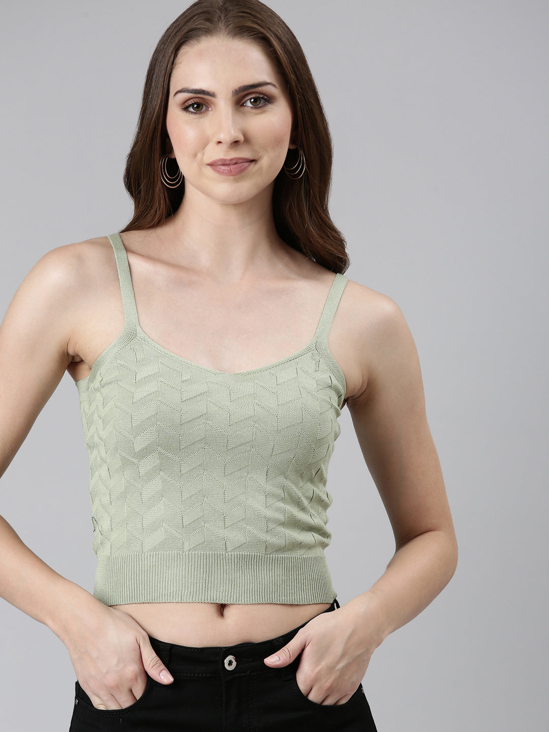 Women's Olive Self Design Shoulder Straps Fitted Crop Top