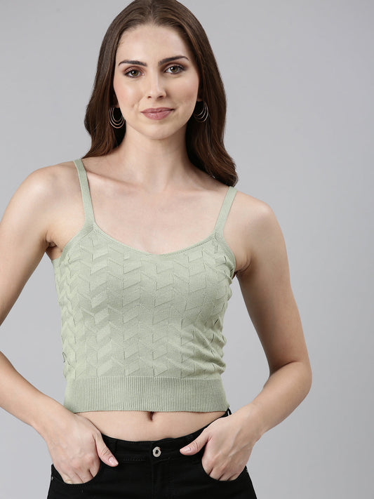 Women's Olive Self Design Shoulder Straps Fitted Crop Top