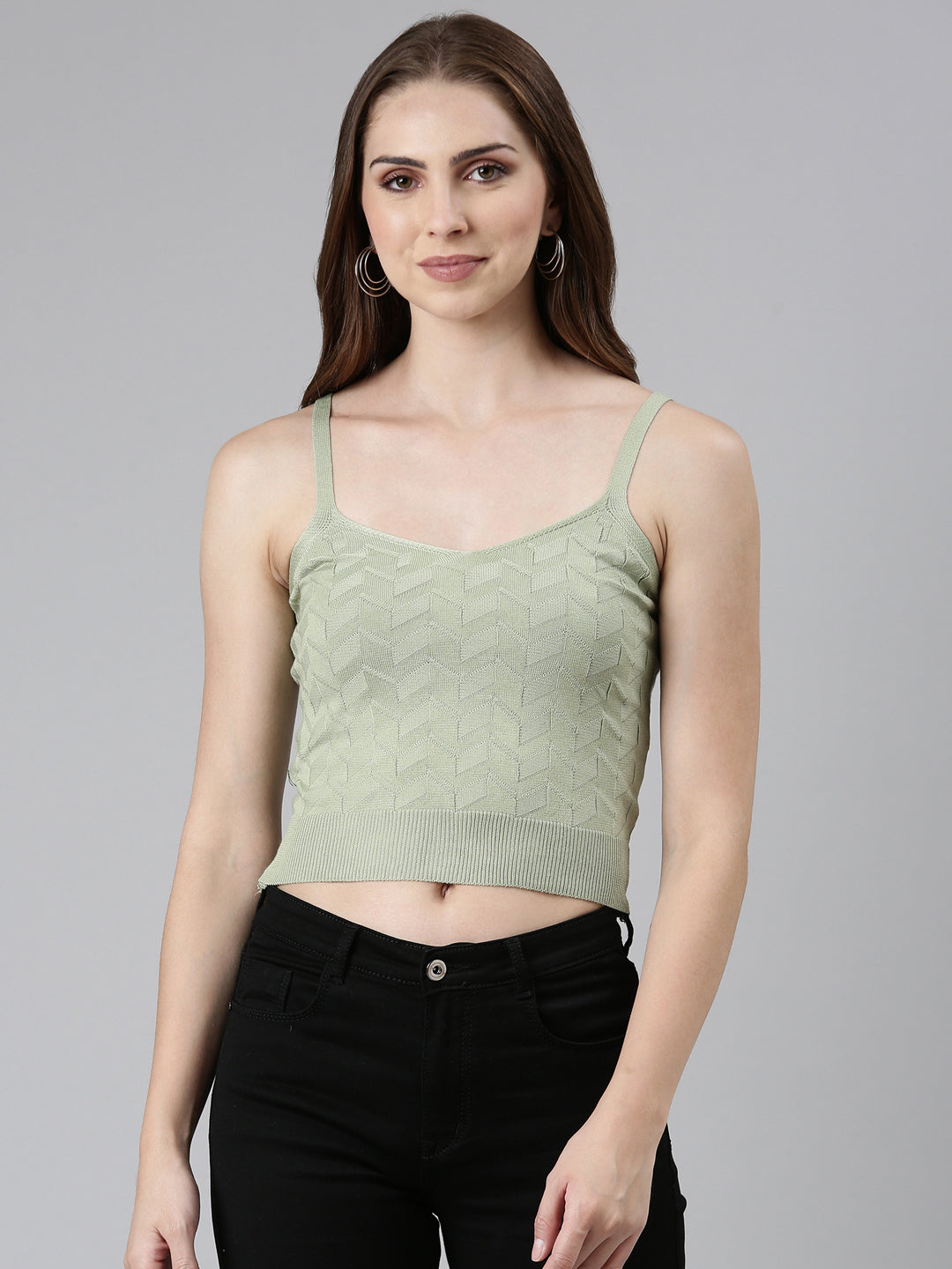 Women's Olive Self Design Shoulder Straps Fitted Crop Top