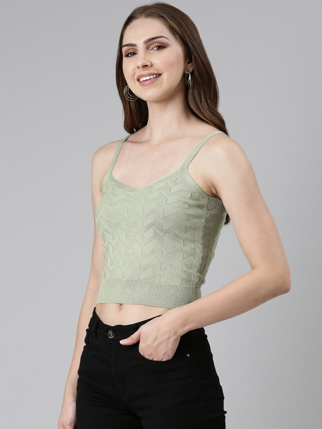 Women's Olive Self Design Shoulder Straps Fitted Crop Top