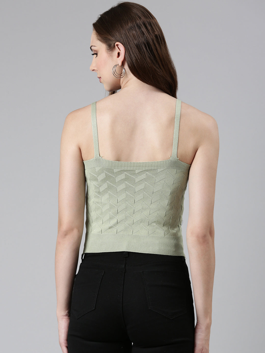 Women's Olive Self Design Shoulder Straps Fitted Crop Top