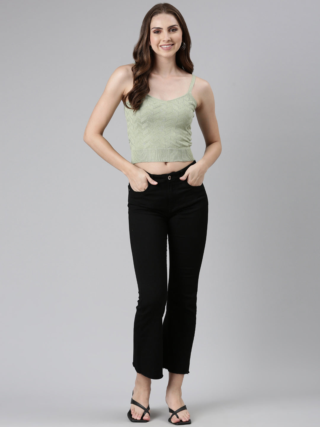 Women's Olive Self Design Shoulder Straps Fitted Crop Top