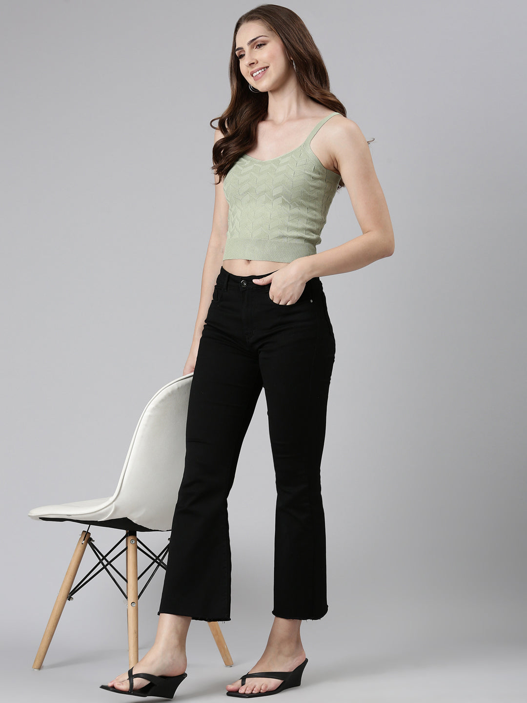 Women's Olive Self Design Shoulder Straps Fitted Crop Top