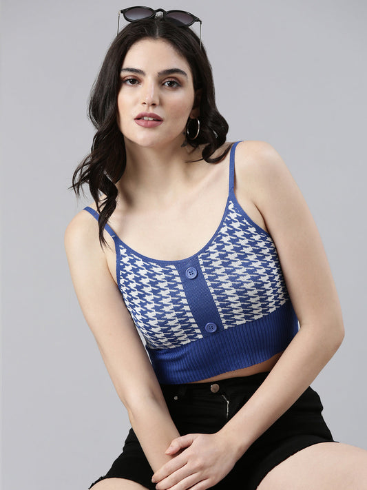Women's Navy Blue Self Design Bralette Crop Top