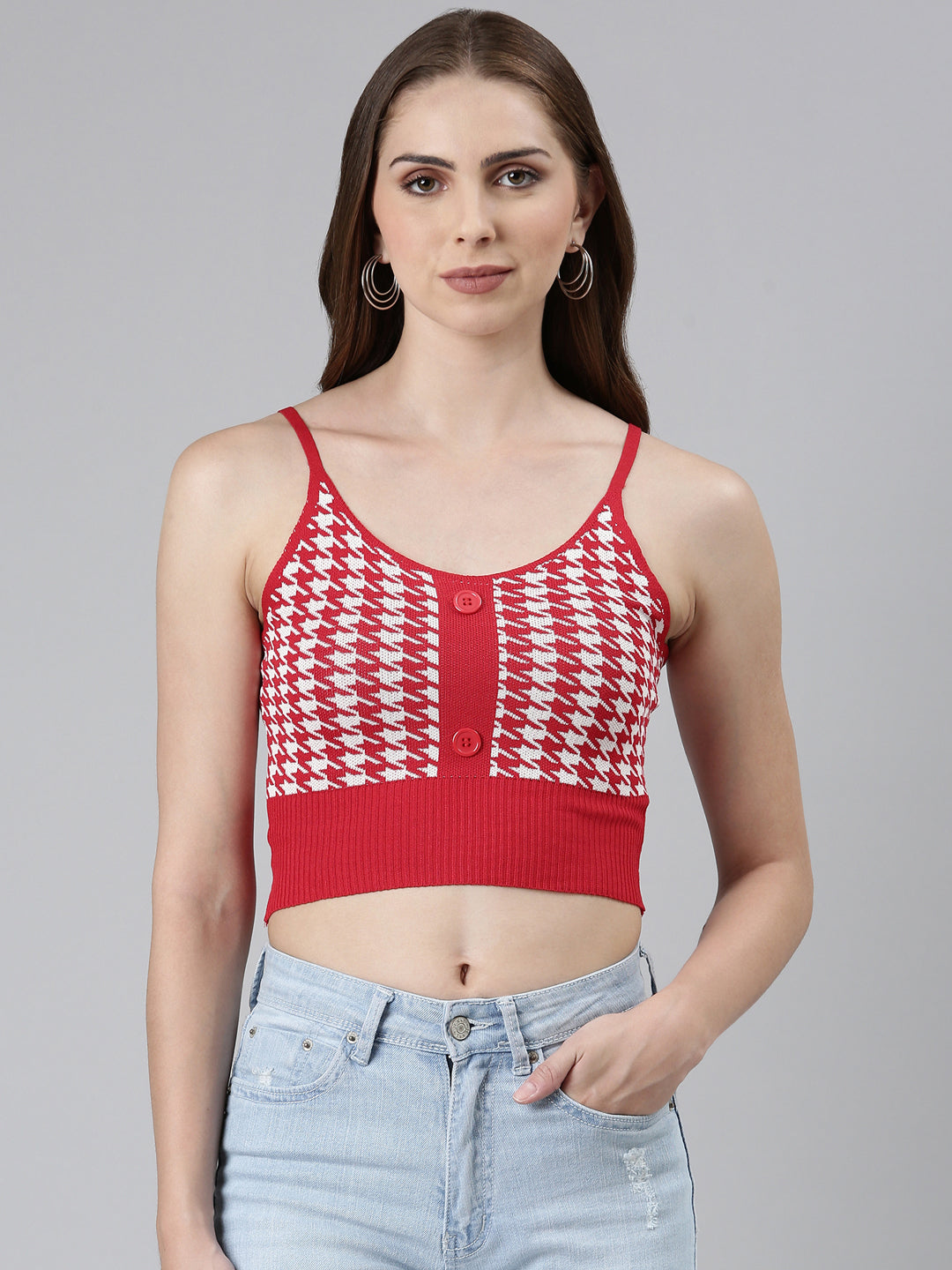 Women's Red Geometric Print Crop Tank Top