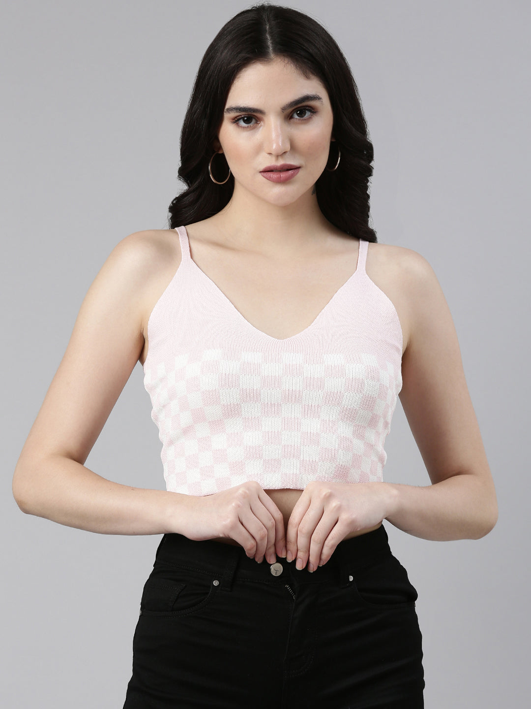 Women's Pink Geometric Printed Acrylic Shoulder Straps Fitted Crop Top