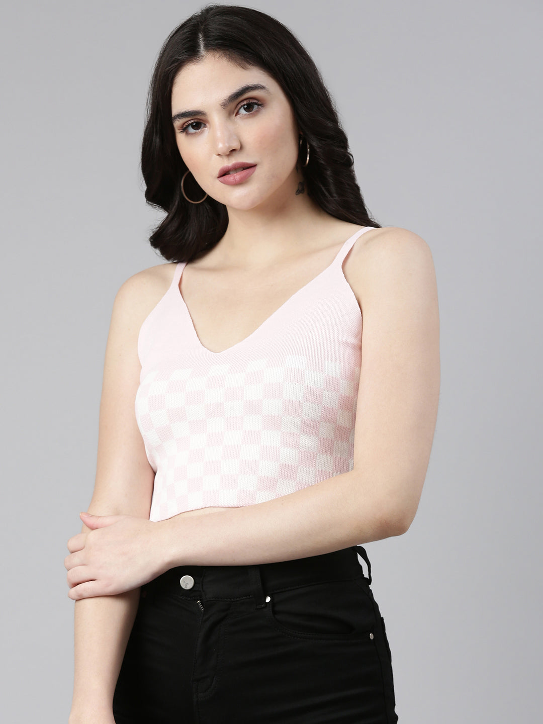 Women's Pink Geometric Printed Acrylic Shoulder Straps Fitted Crop Top