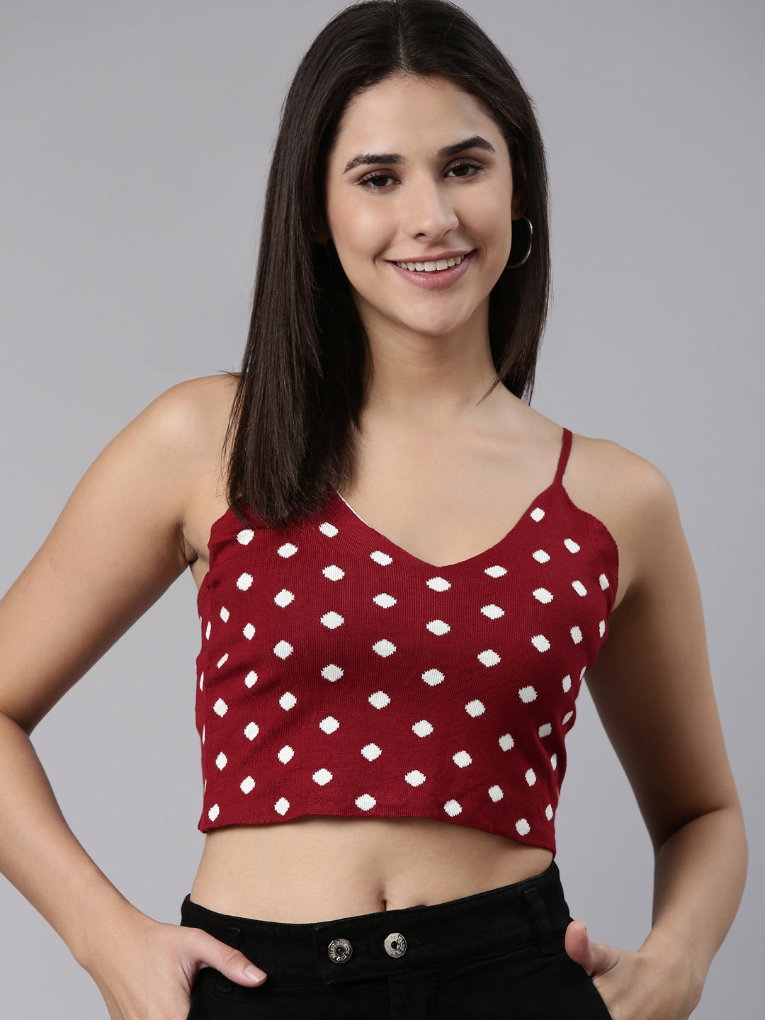 Women's Maroon Shoulder Straps Self Design Cotton Crop Top