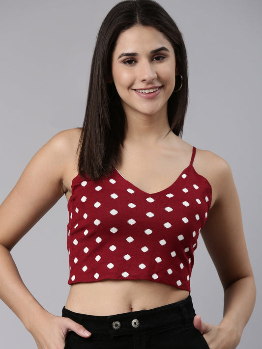 Women's Maroon Shoulder Straps Self Design Cotton Crop Top