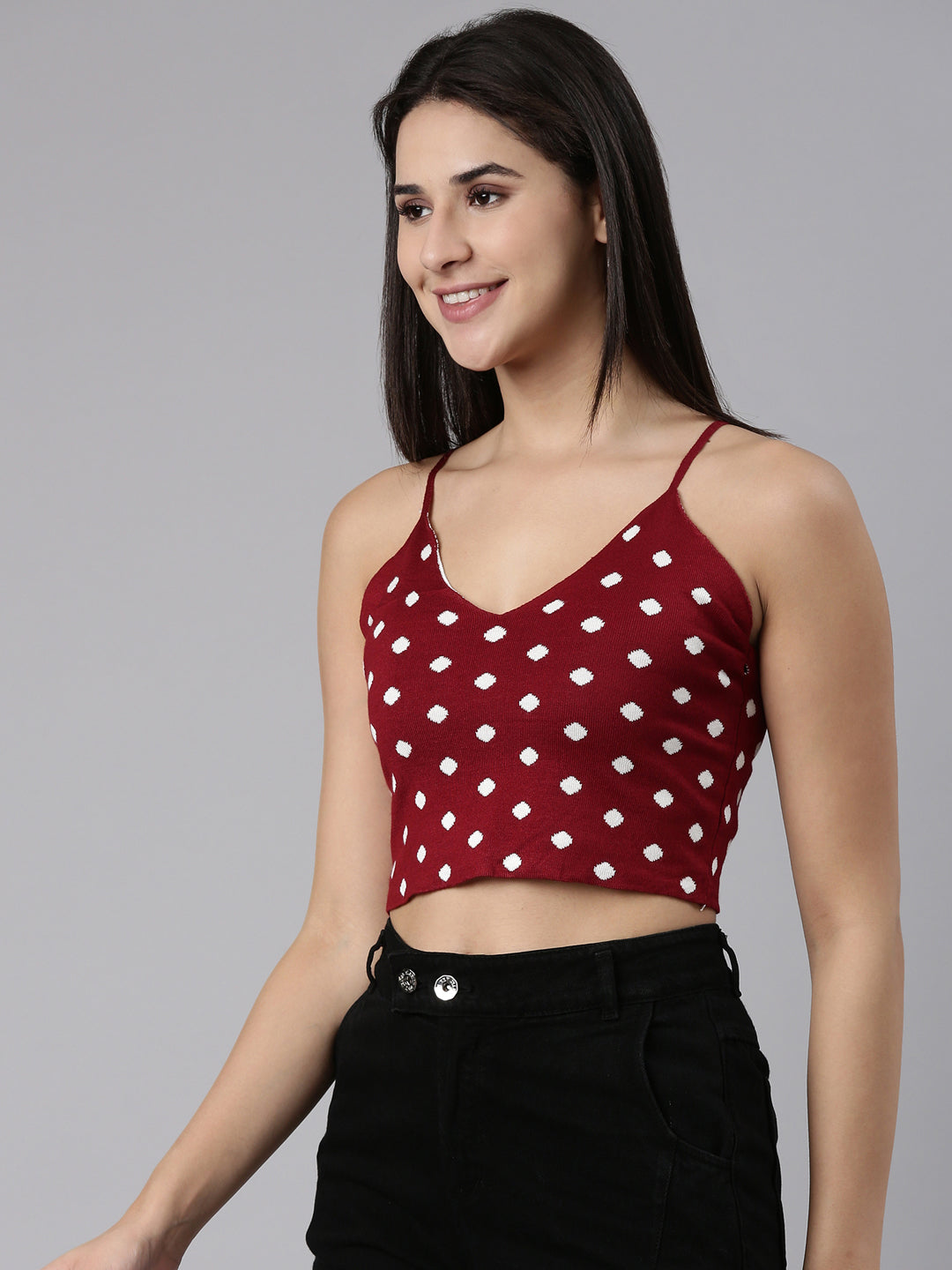 Women's Maroon Shoulder Straps Self Design Cotton Crop Top