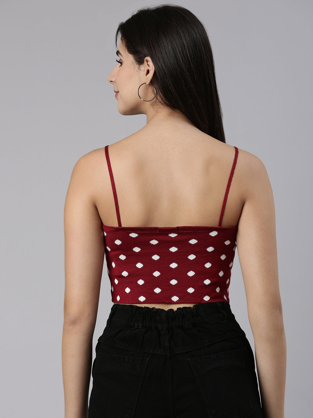 Women's Maroon Shoulder Straps Self Design Cotton Crop Top