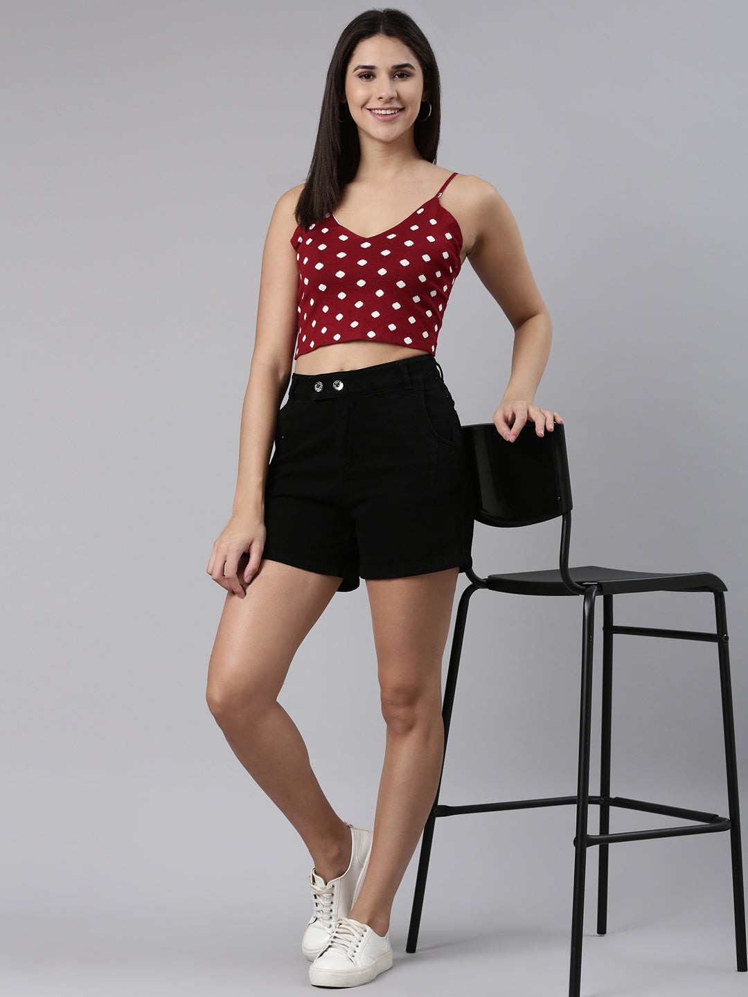 Women's Maroon Shoulder Straps Self Design Cotton Crop Top