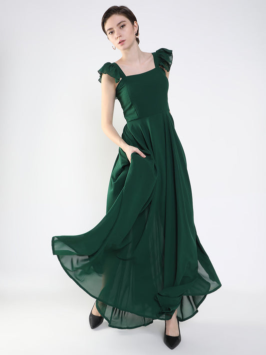 Women's Green Crepe Fit & Flare Maxi Dress