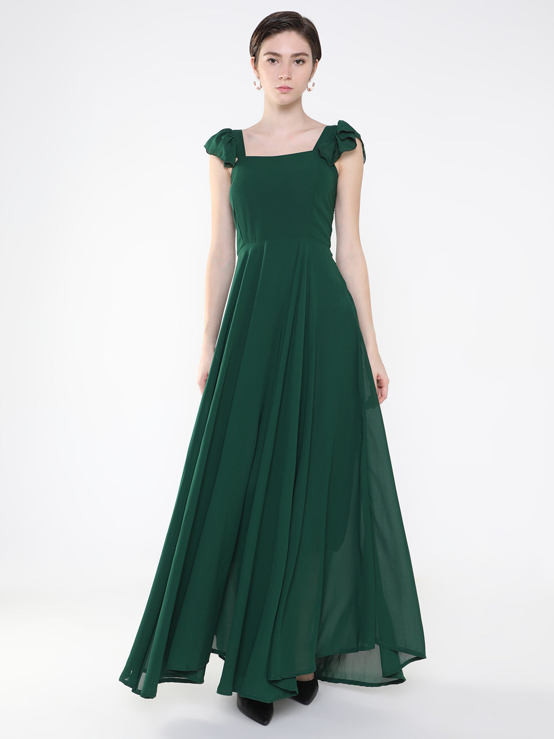 Women's Green Crepe Fit & Flare Maxi Dress