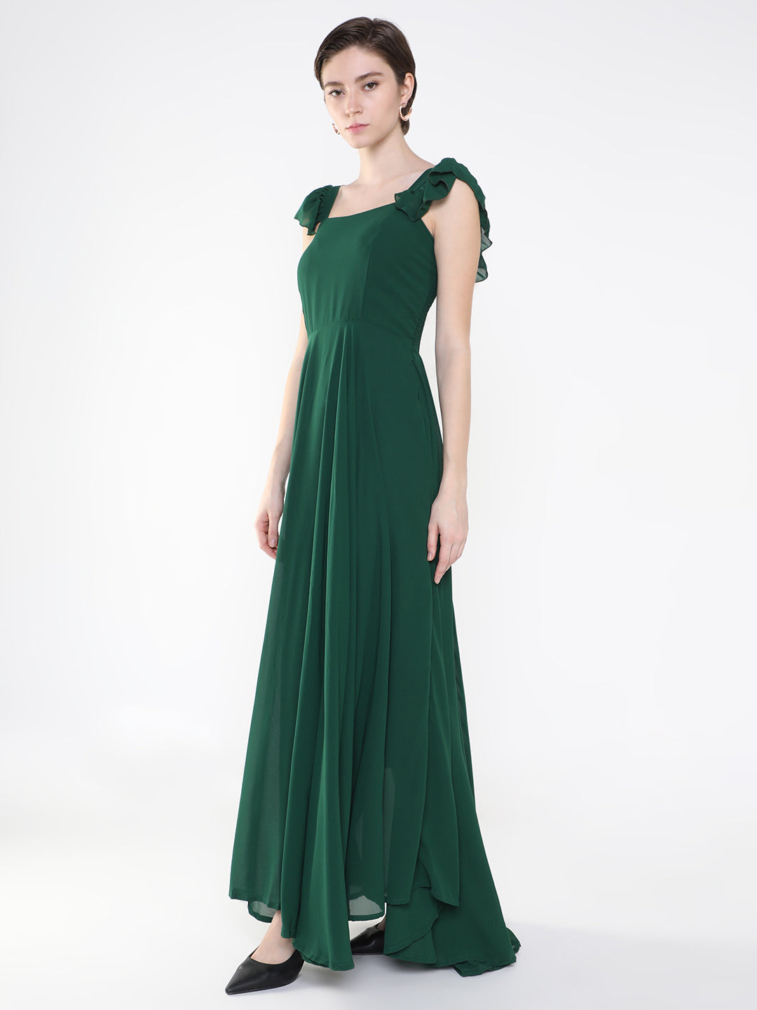 Women's Green Crepe Fit & Flare Maxi Dress