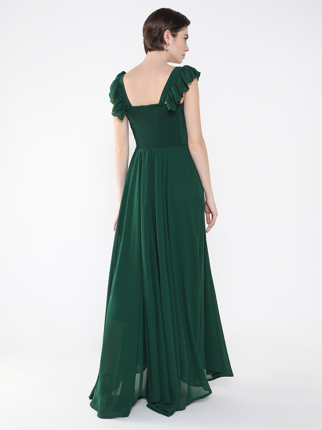 Women's Green Crepe Fit & Flare Maxi Dress