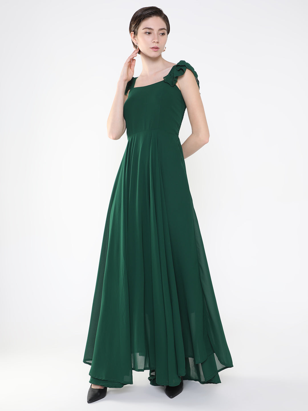 Women's Green Crepe Fit & Flare Maxi Dress