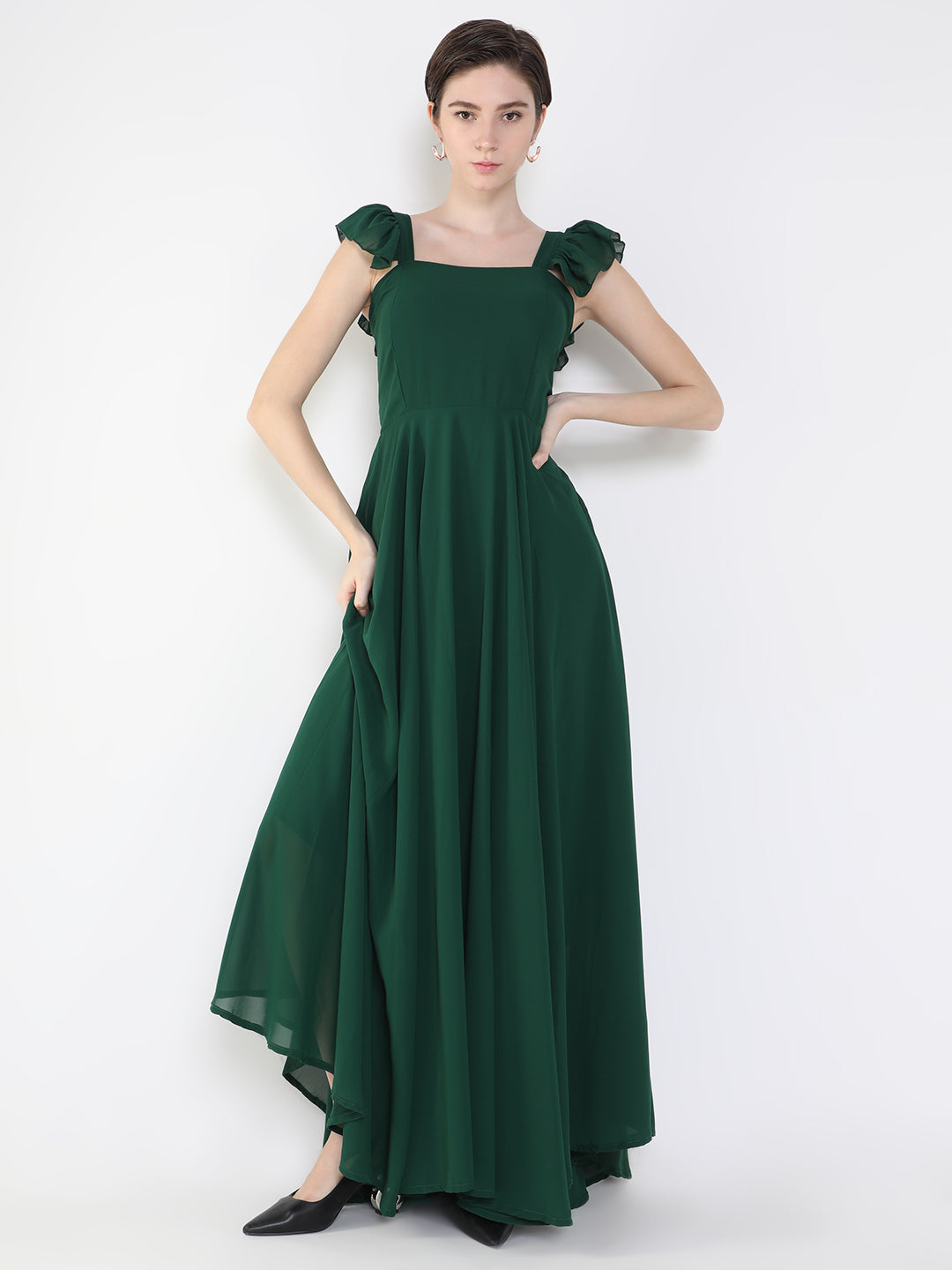 Women's Green Crepe Fit & Flare Maxi Dress