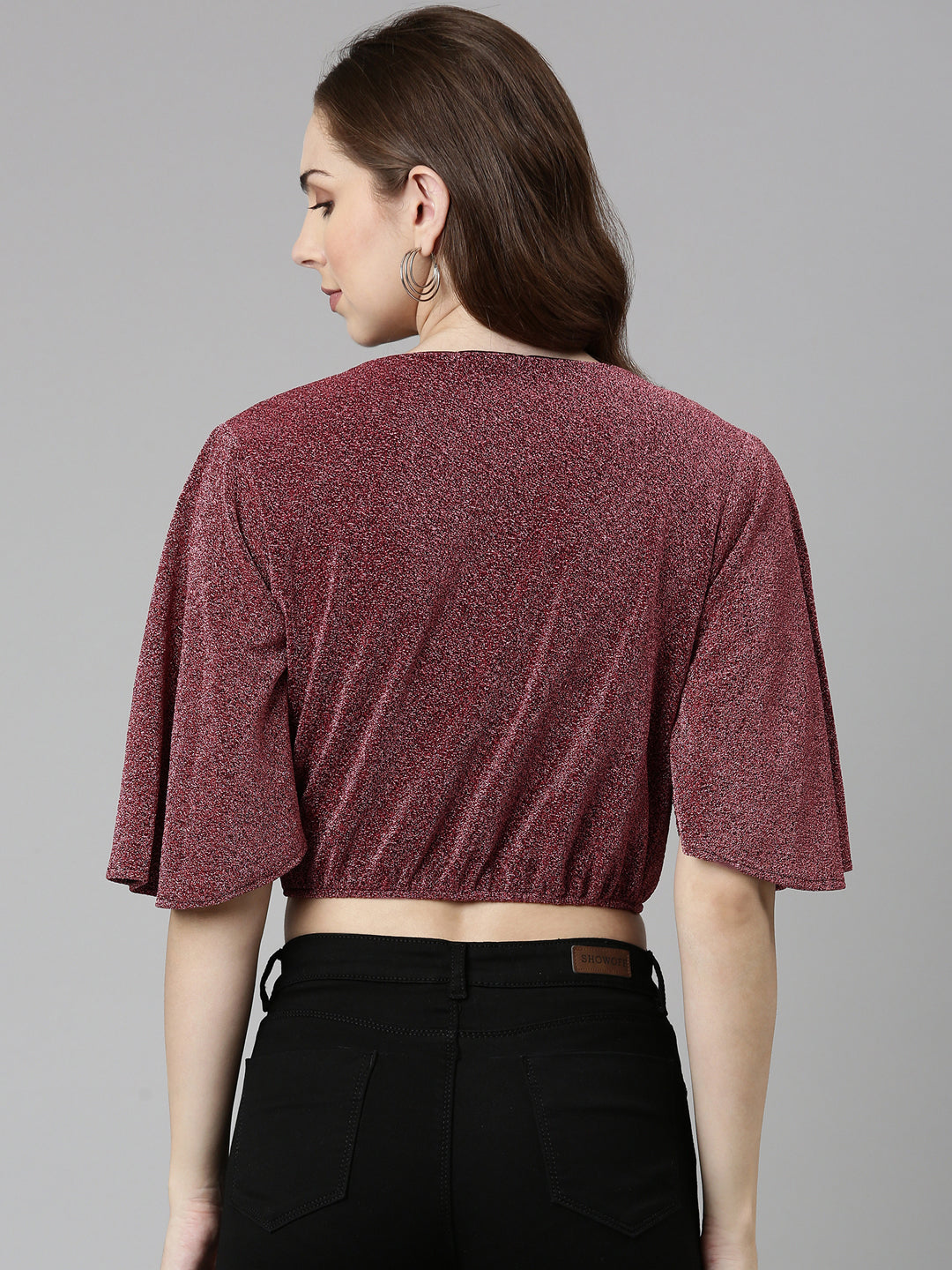 Women's Magenta Self Design Flared Sleeve Blouson Crop Top