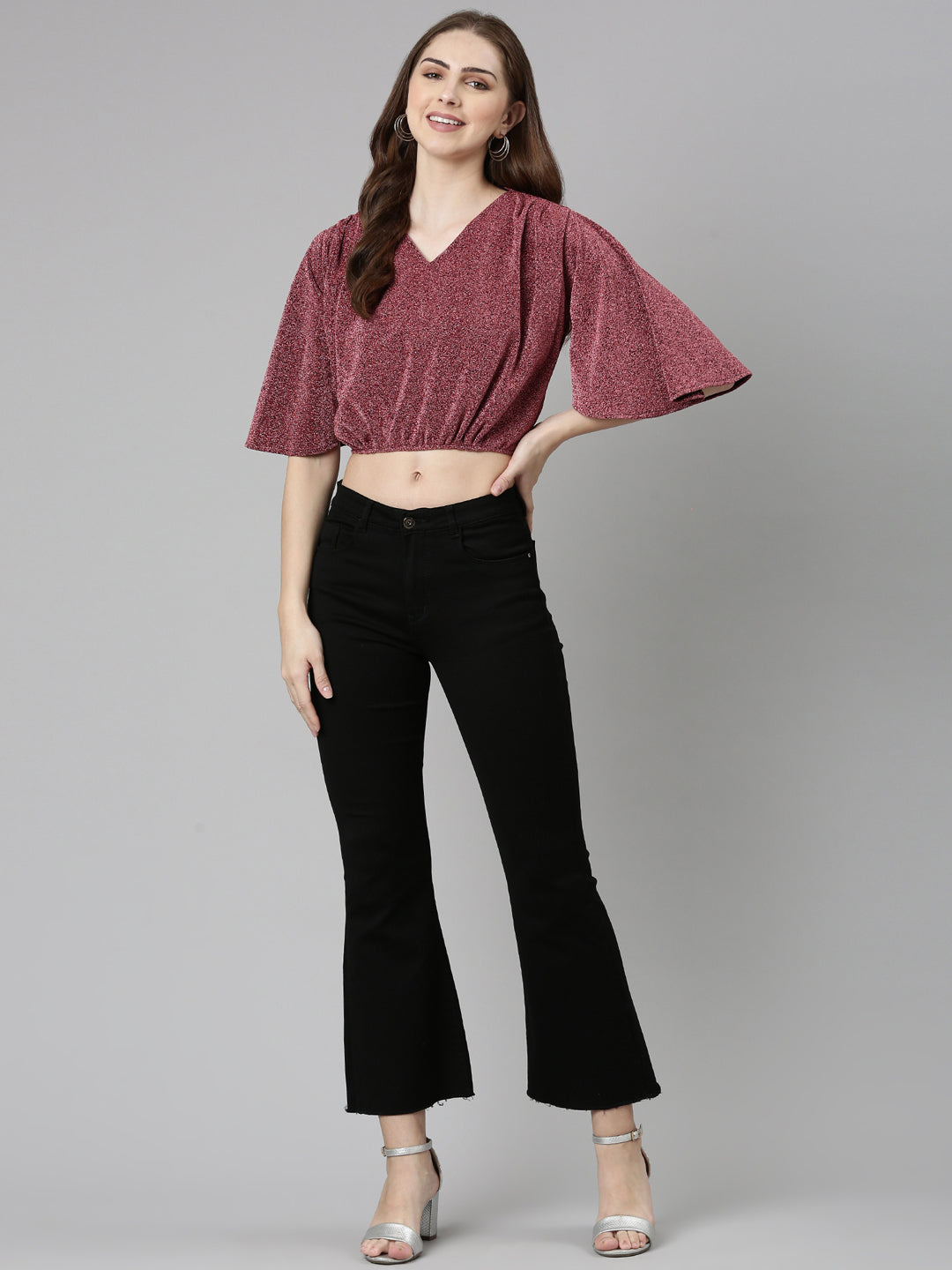 Women's Magenta Self Design Flared Sleeve Blouson Crop Top