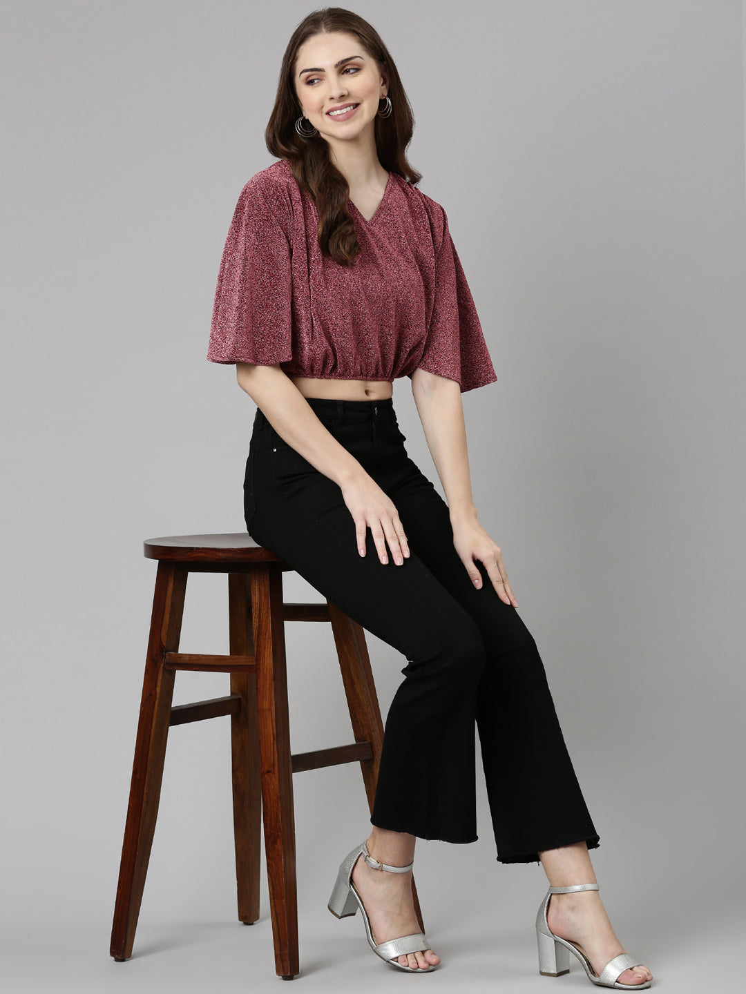 Women's Magenta Self Design Flared Sleeve Blouson Crop Top