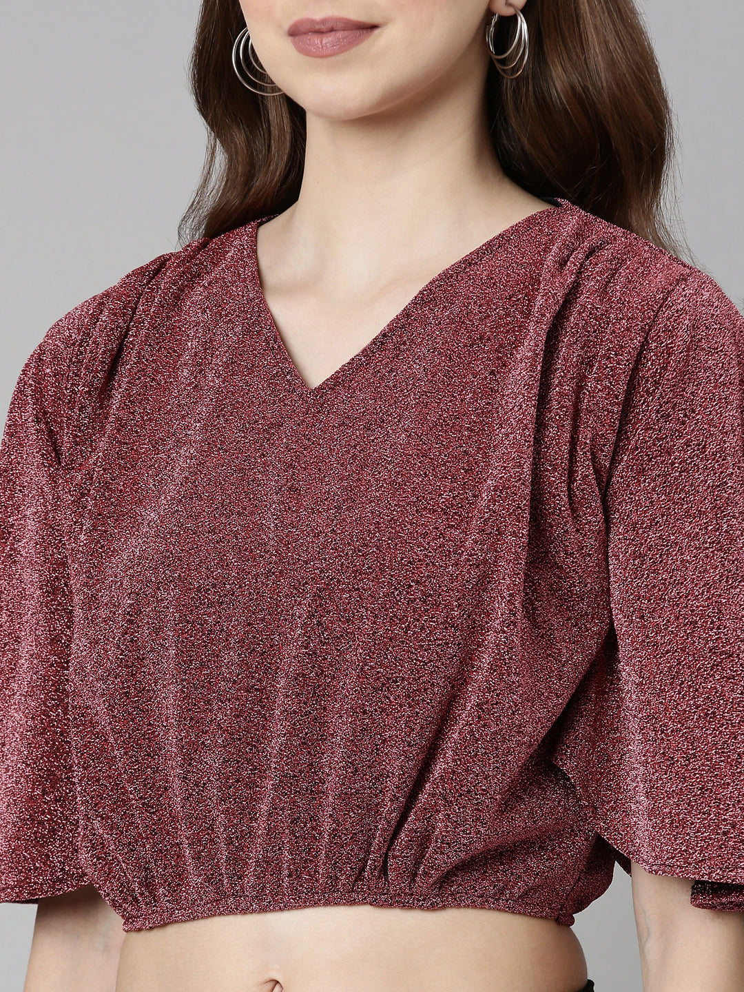Women's Magenta Self Design Flared Sleeve Blouson Crop Top