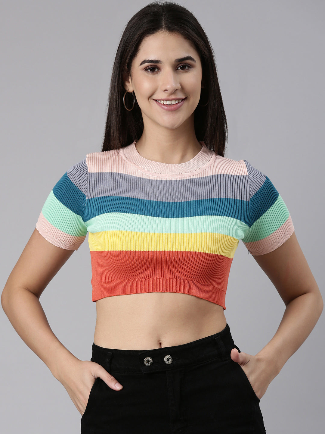 Women's Multi Striped Fitted Acrylic Crop Top