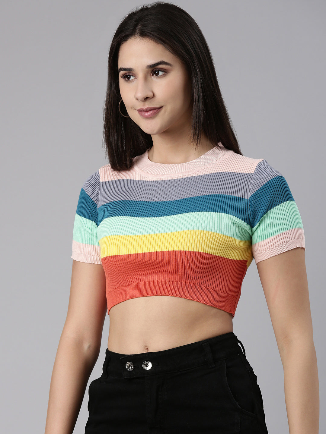Women's Multi Striped Fitted Acrylic Crop Top
