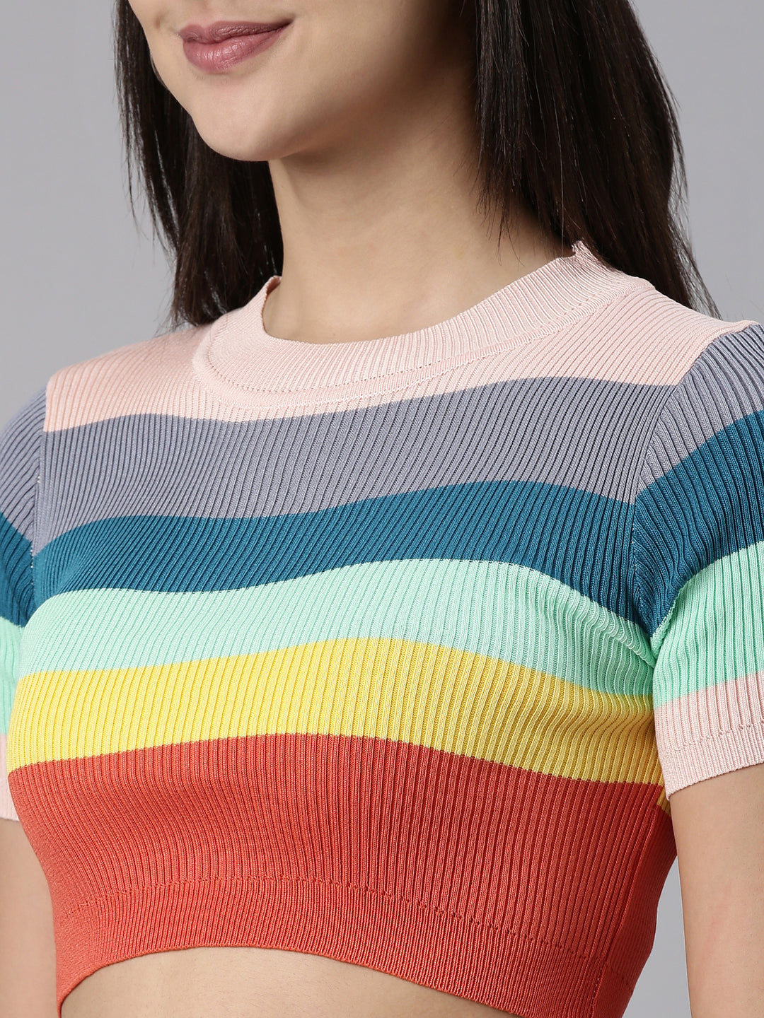 Women's Multi Striped Fitted Acrylic Crop Top
