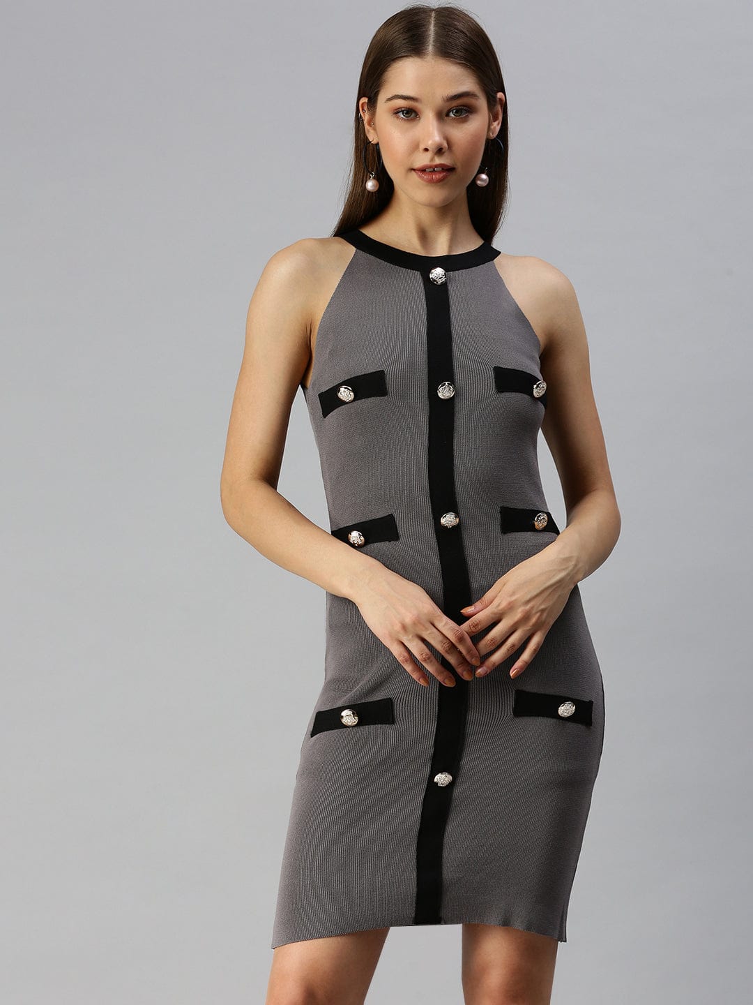 Women's Grey Embellished Bodycon Dress
