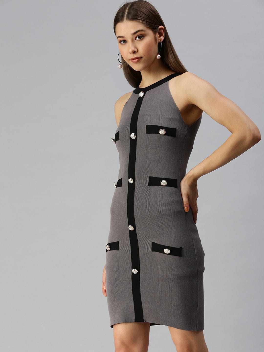 Women's Grey Embellished Bodycon Dress