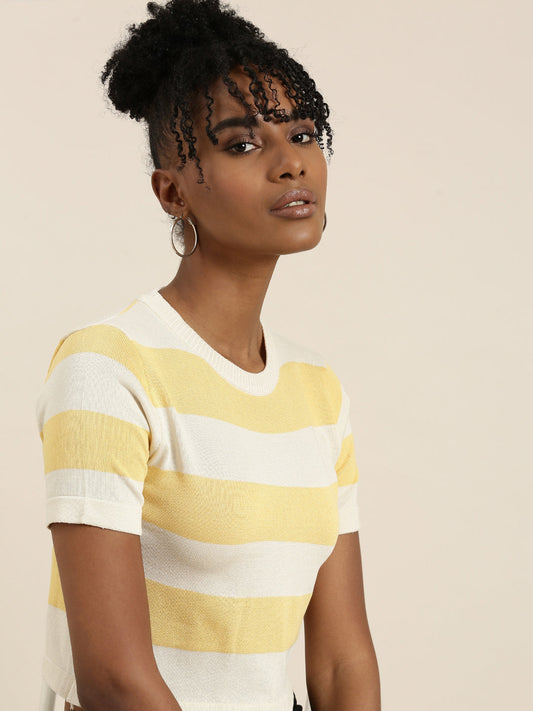 Women's Cream Striped Ribbed Crop Top