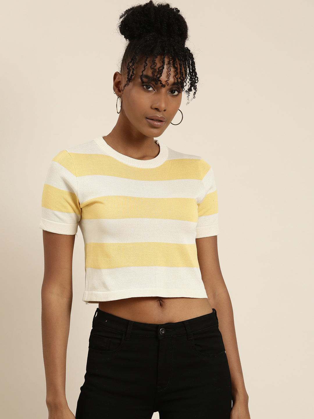 Women's Cream Striped Ribbed Crop Top