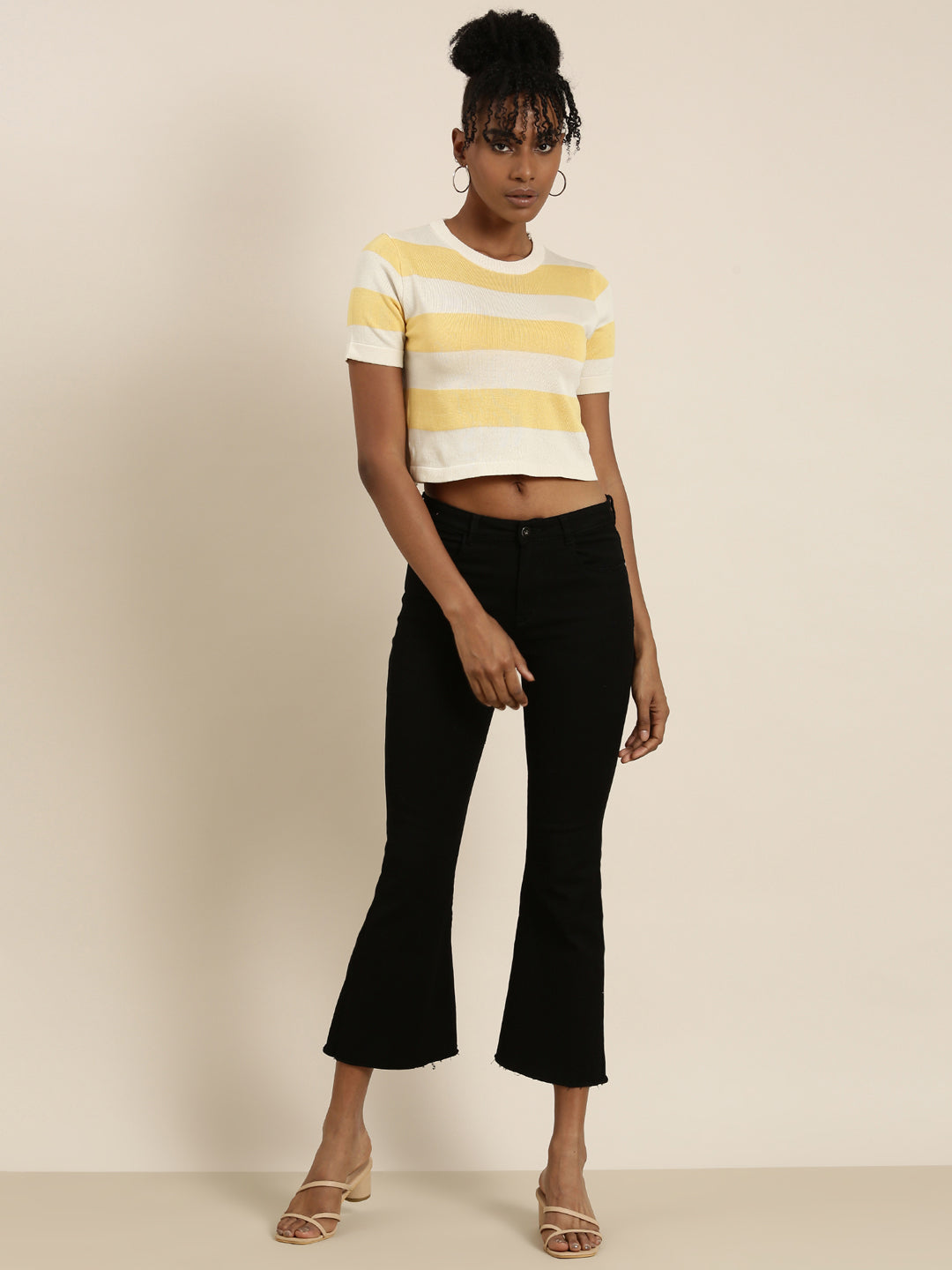 Women's Cream Striped Ribbed Crop Top