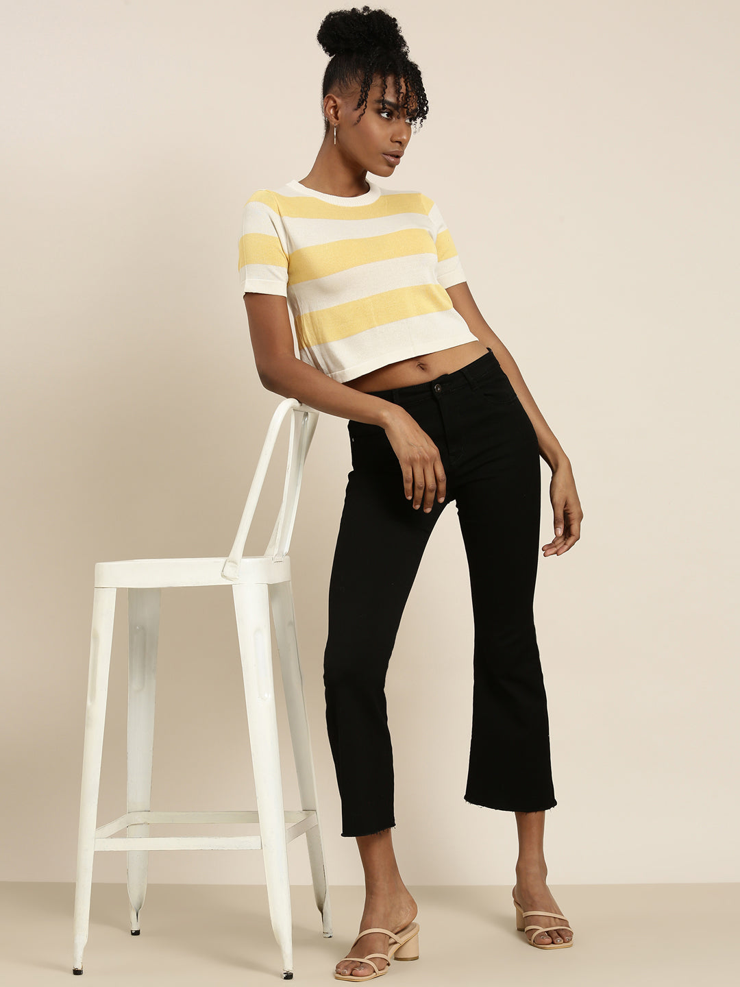 Women's Cream Striped Ribbed Crop Top