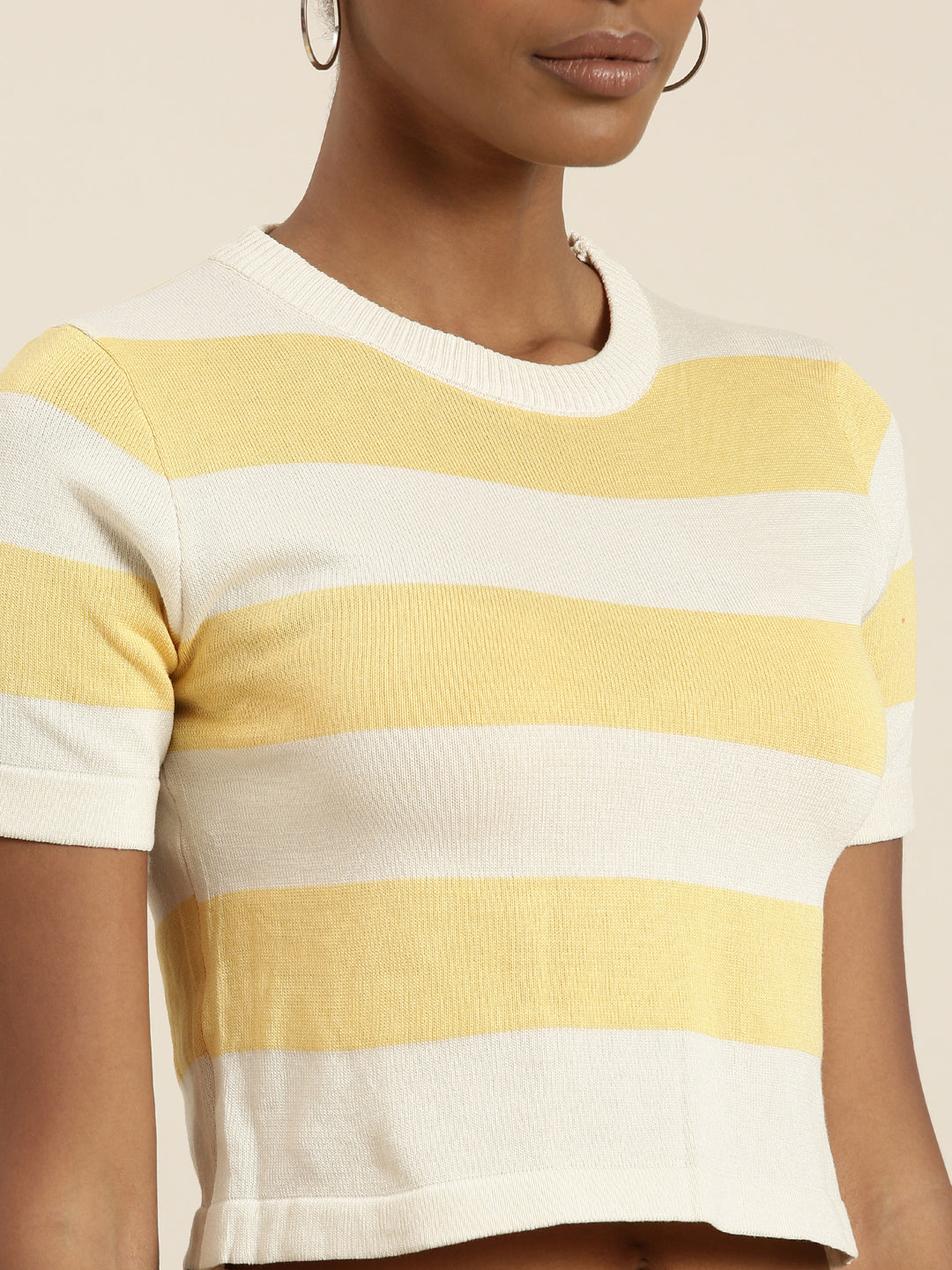 Women's Cream Striped Ribbed Crop Top