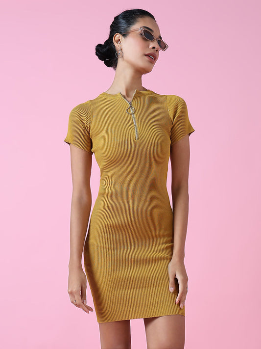 Women's Mustard Round Neck Solid Bodycon Dress